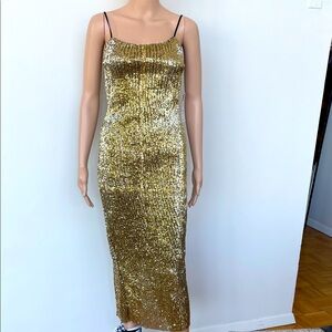 NEW KIKIRIKI GOLD SEQUIN MIDI DRESS, S